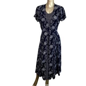 Vintage S. Roberts Floral Rayon Midi Dress 2-in-1 Illusion Size 6 Navy Blue 90s